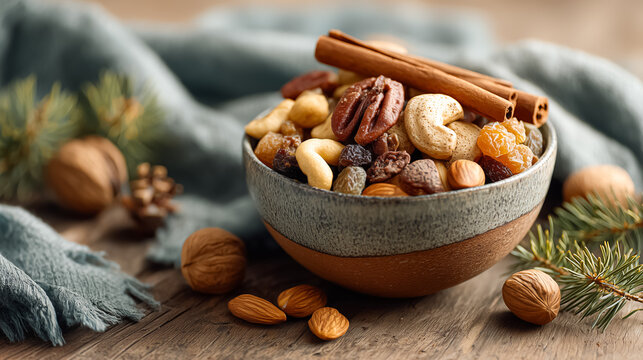 Healthy vegan holiday snacks on a rustic wooden table — nuts, dried fruits, and cinnamon sticks. Perfect for festive menus, food blogs, or eco-friendly holiday designs. - Powered by Adobe