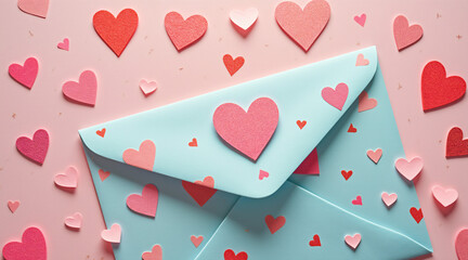 Colorful Envelope with Hearts on Pink Background for Love and Romance Themes