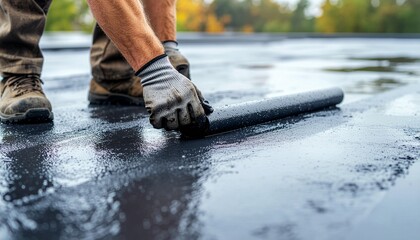 A roofer in work gloves uses a roller to apply a black liquid waterproofing membrane on a flat roof.