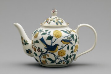 Ceramic teapot with floral and bird motifs featuring blue and yellow colors on a white background
