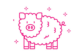 Outlined pink pig with curly tail is cute and simple on a white surface