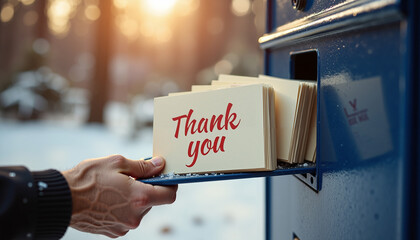 Hand placing thank you card into blue mailbox in snowy winter setting  