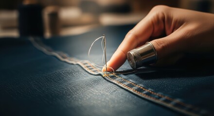 Close-up of hand stitching denim fabric with needle and thread