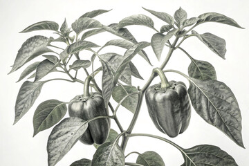 Fresh organic capsicums and  leaves grow on a healthy vine black and white version