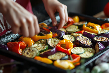 Healthy Baked Vegetables Colorful Roasted Peppers Zucchini Eggplant Dinner Cooking Sheet Pan Meal Generative AI