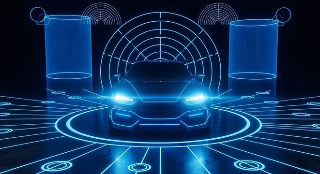 Futuristic electric car in a neon-lit digital environment