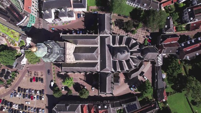 Central square of medieval town Zutphen, The Netherlands, seen from above with architectural detail of church, museum square and city hall. Aerial of picturesque Dutch city