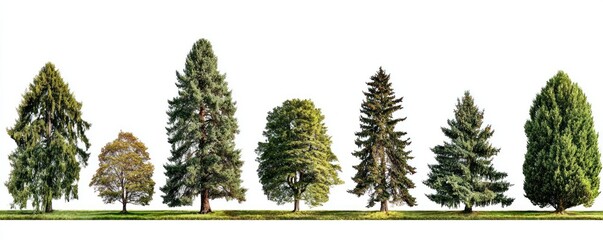 Fototapeta premium Seven various green trees on a grass strip, isolated against a bright white background, in a line