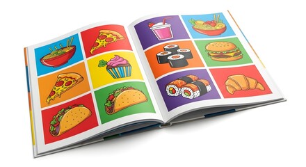 Open book with colorful illustrations of fast food on white background