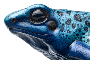 Macro close-up of vibrant blue poison dart frog isolated on transparent background