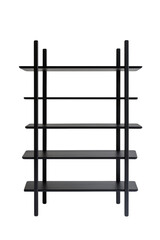 Modern black bookshelf design isolated on a transparent background with red accent for decor and storage