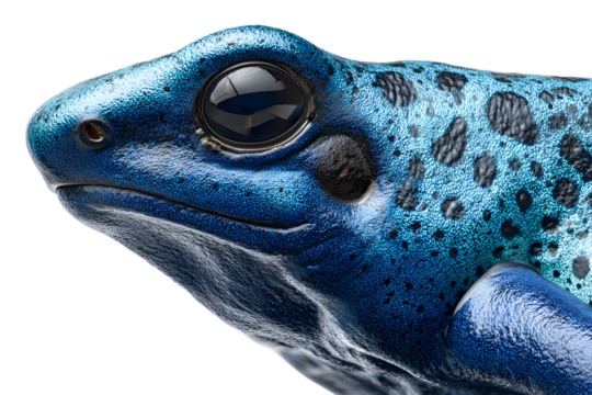 Macro close-up of vibrant blue poison dart frog isolated on transparent background