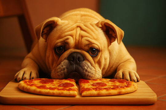 Sad bulldog stares longingly at pepperoni pizza slices puppy fawn