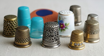 Assorted vintage and modern metal and plastic thimbles on fabric surface