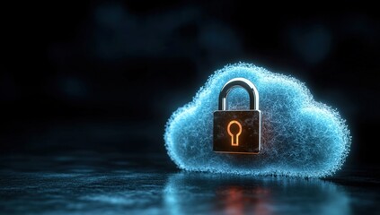 A digital cloud with a padlock symbolizes cybersecurity and data protection in a modern, tech-savvy environment.
