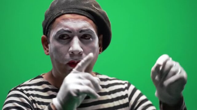 A handsome young man with a beard and black hair thinking in a studio, his hand casually touching his face