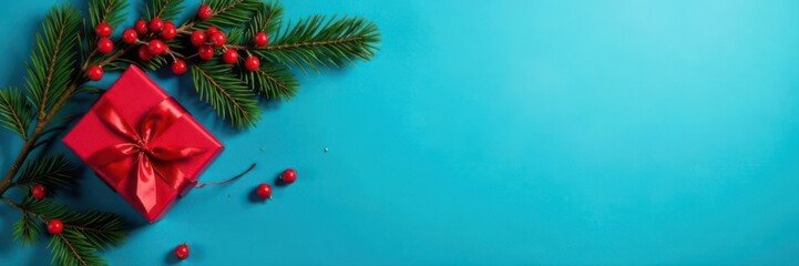 Festive Christmas branch, red berries, gift box on blue Flat lay, top view, copy space , gift, red, xmas