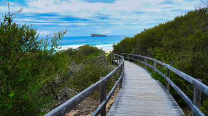 Fototapeta premium Scenic coastal walkway leading to a serene beach with distant island view under a cloudy sky.Access to the ocean Australia.