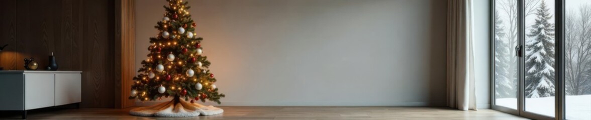 Fototapeta premium Ornate Christmas tree stands alone in minimalist living room, empty room, still life, design