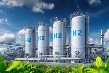 Hydrogen storage tanks surrounded by lush green grass under a vibrant blue sky
