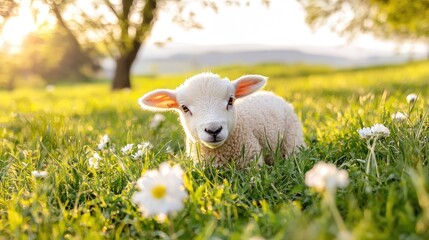 Fototapeta premium Adorable Lamb in Blooming Meadow Surrounded by Flowers on a Sunny Day with Soft Light and Green Grass