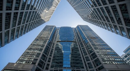 Obraz premium Low-angle view of modern skyscrapers, reflecting the bright sky