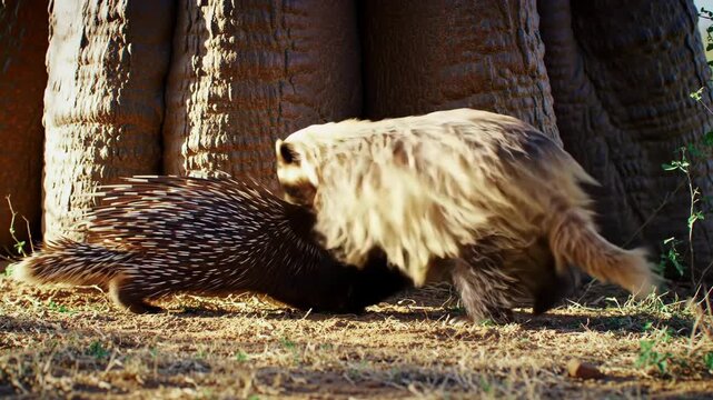 Honey badger confronting porcupine near baobab tree in the African savanna landscape. Wildlife scene features these unique animals in their natural habitat.