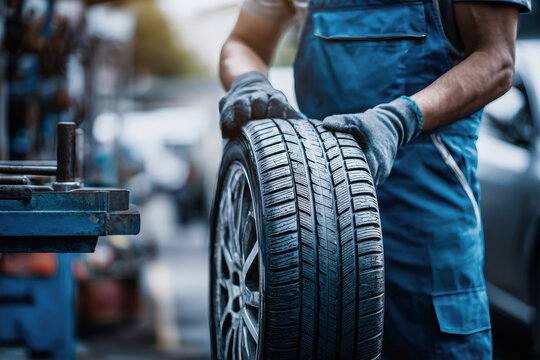 Mechanic skillfully changes tire in bright daylight, showcasing expertise in automotive care and craftsmanship