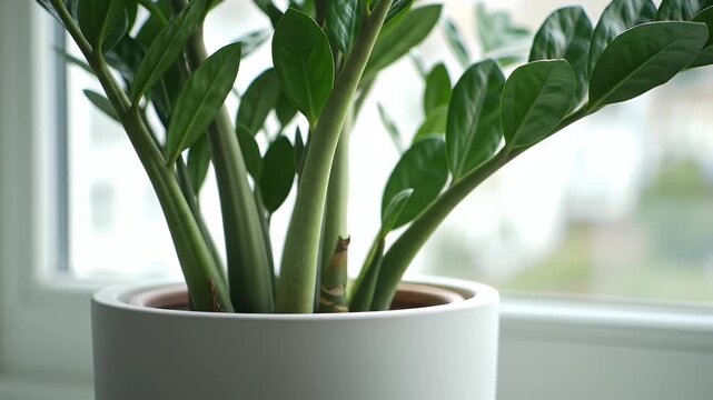 Green Zz Plant Leaves in White Ceramic Pot Near Window with Natural Light