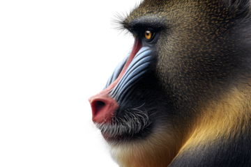 Side profile macro portrait of colorful mandrill with intense eye and textured fur isolated on transparent background