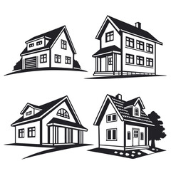 Four black and white house illustrations with architectural details home building