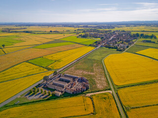 Aerial view photo, taken by a drone, of the paddy fields ready to be harvested in Lomellina,...