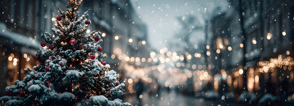 Christmas winter blurred background. Xmas tree with now decorated with garlandlights, holiday festive bakground. Widescreen backdrp. New year Winter art desgn, wide screen holiday boder