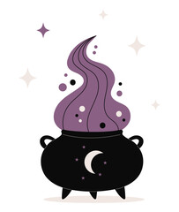  Magic Spooky black cauldron with purple potion smoke. Vector illustration perfect for Halloween or witchcraft design. Not AI