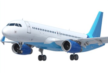 Obraz premium White passenger airplane with blue accents, side view, with landing gear visible against a white background