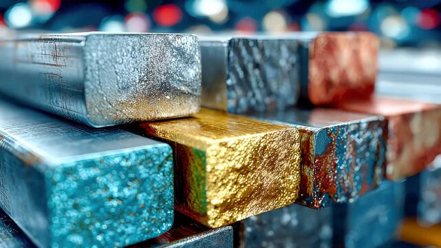 Stacked metal bars in various colors and textures, highlighting industrial materials