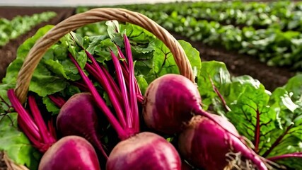 A woven basket filled with fresh purple beets and their green tops sits on dark soil in a vegetable garden. - Powered by Adobe