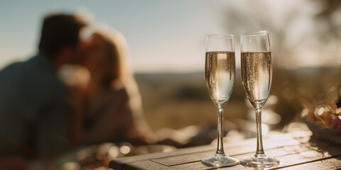 Obraz premium Two champagne glasses on table with couple kissing in soft blurred background, romantic golden sunset ambiance