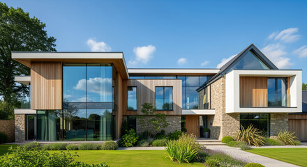 Fototapeta premium Contemporary villa with glass facade and wooden accents in daylight 