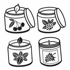 Four rounded jars with fruit leaf designs candle silhouette