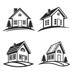 Four stylized house emblems with trees and hills home building