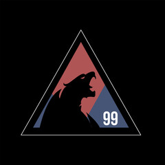 insignia of a predatory animal's head in black with a simple, bisected color scheme of dark red and blue