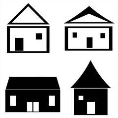 A collection of four simple black house icons with different roof shapes and window placements. Perfect for real estate, maps, construction, architecture, or app and website design.
