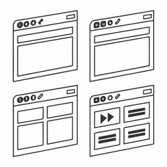 Four web browser windows with icons and content layouts interface