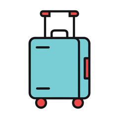 Simple flat icon of a teal rolling suitcase with red accents