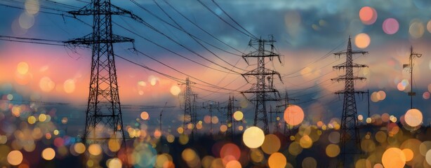 The Transmission Towers at Sunset with City Bokeh and Electric Power Lines
