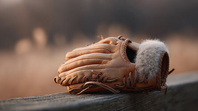 Worn leather baseball glove rests on weathered wood, bathed in warm light. Evokes nostalgia, sport, recreation,  Americana. Perfect for themes of teamwork  tradition.