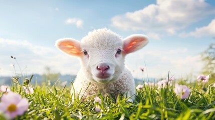 Fototapeta premium Adorable Baby Lamb Surrounded by Colorful Flowers in a Serene Pastoral Landscape Under a Bright Blue Sky