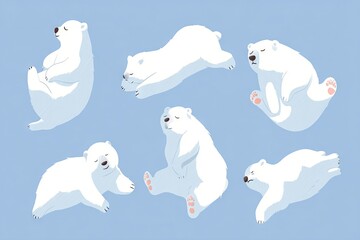 Cute polar bears in various poses against a light blue background.
