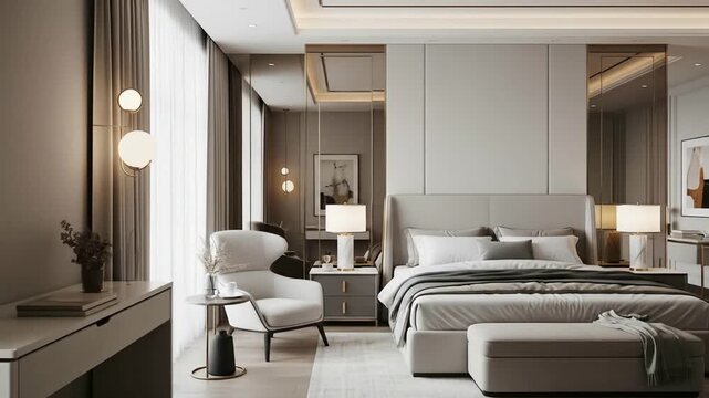 Luxurious modern bedroom interior design with a large bed, elegant furniture, and sophisticated lighting in neutral tones, creating a serene and comfortable space.
